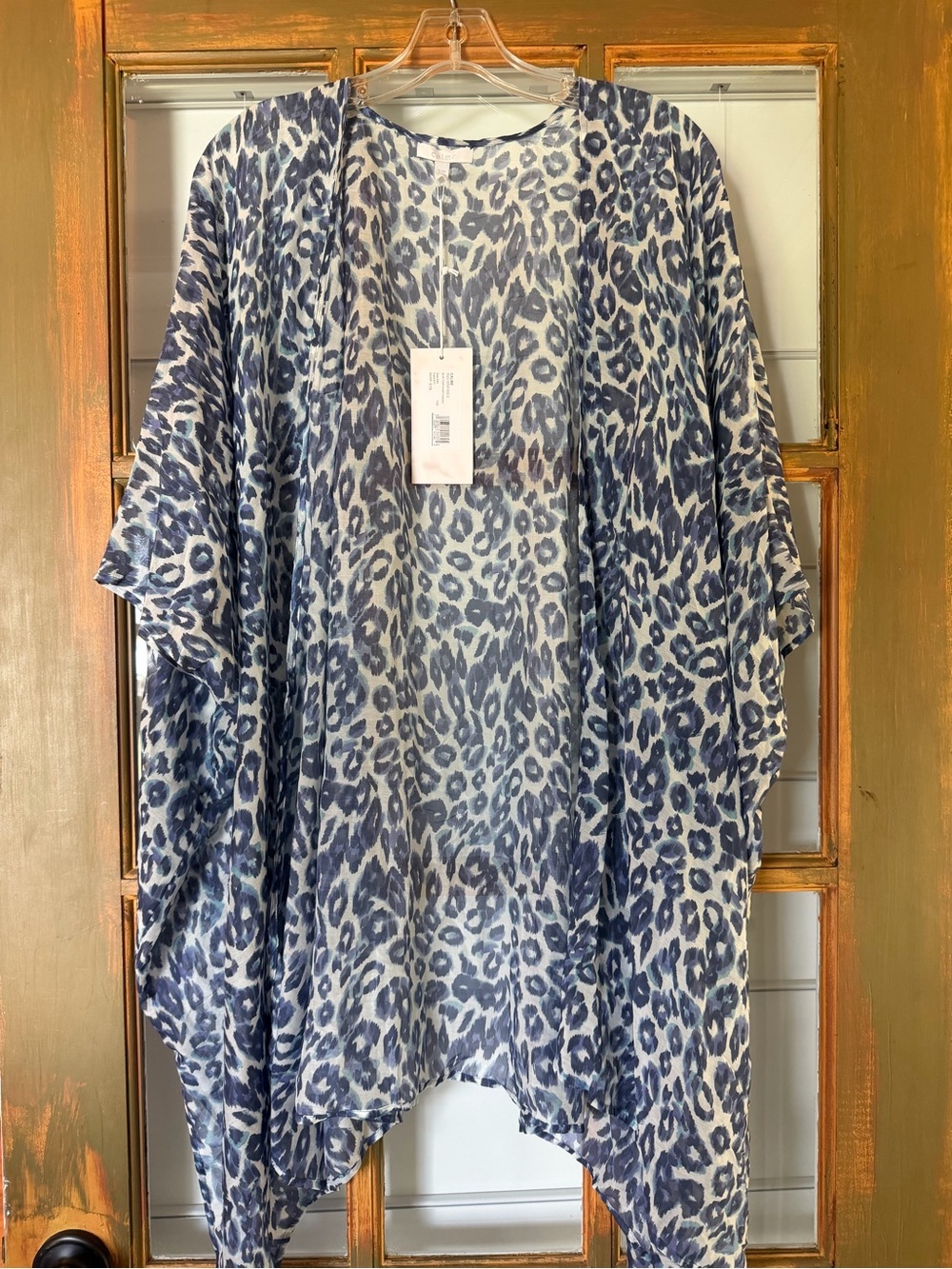 Calme by Johnny Was Blue Leopard Print Open-Front Kimono Jacket. S/m